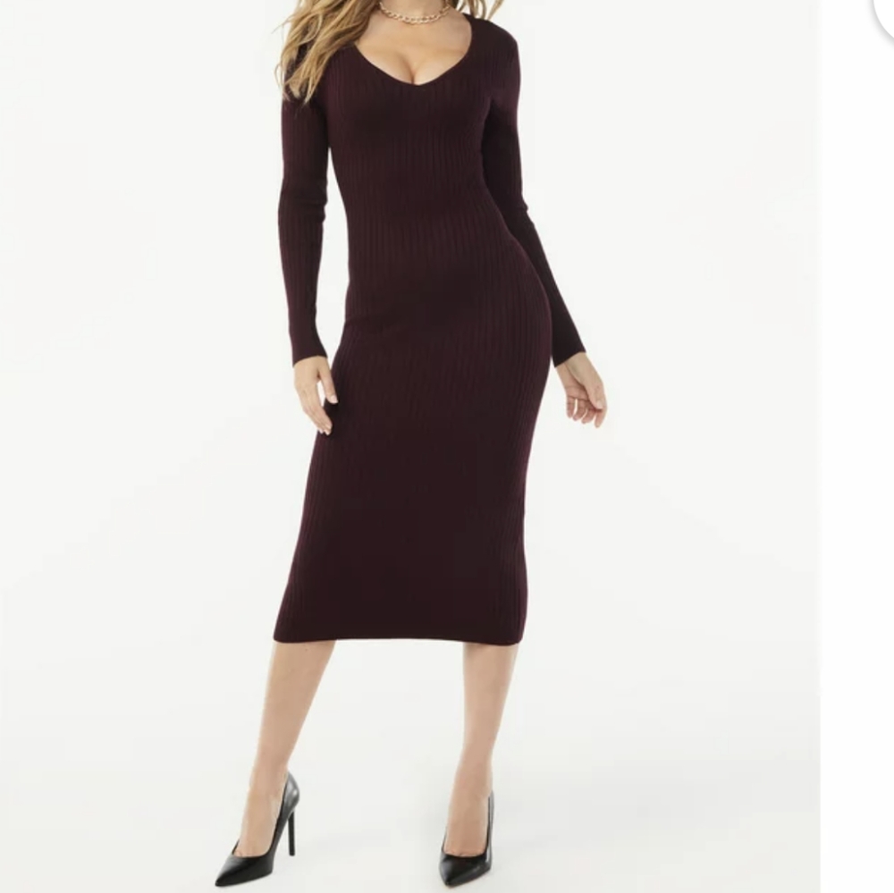 NWT Womens Sofia Vergara Burgundy Back Twist Ribbed Sweater Pull On Dress Size L